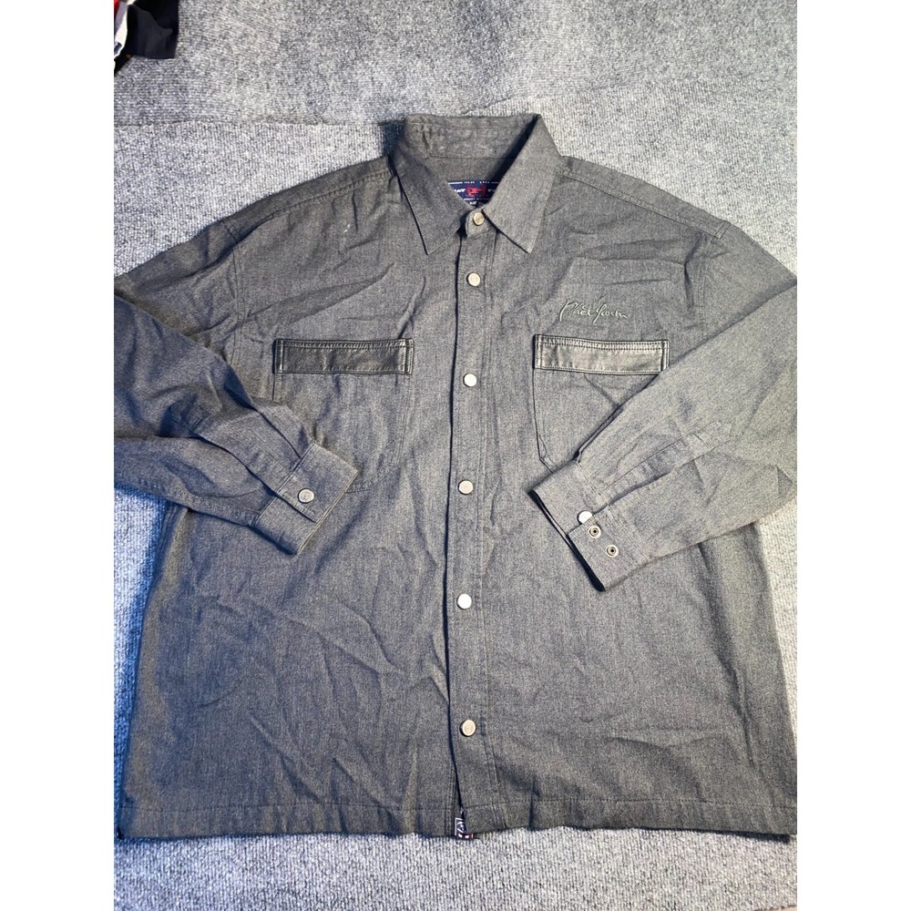 Phat Farm New York Shirt Mens 2XL Gray Heavyweight Collar Pearl Snap Button Down
